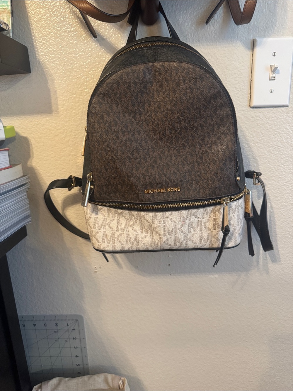 Michael Kors Brown & Cream Signature MK Mini Backpack